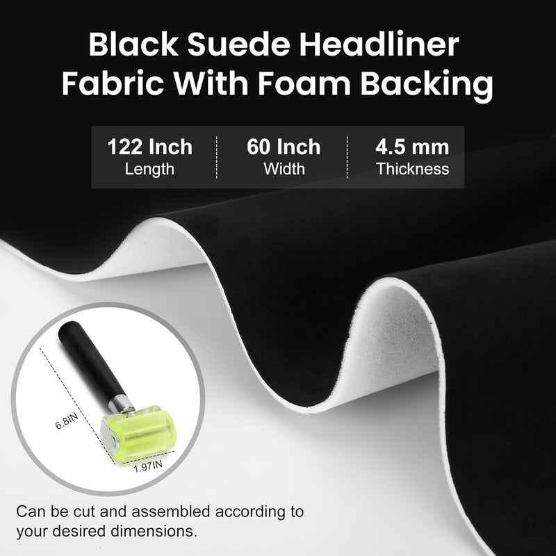 Topfurn 122"x60"Suede Headliner Fabric,Black Headliner Fabric with Foam Backing-Black Suede Headliner Material for Car/Truck/SUV/RV Interior Repair,Includes DIY Tools: Rubber Roller and Craft Knife - Image 2
